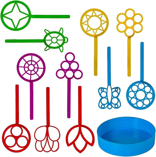 Bulk Bubble Wand Pack of 11, Assorted Shapes and Colors, Party Favor Pack with Convenient Solution Tray