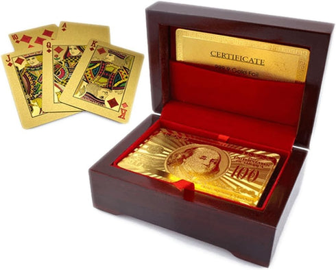 Luxury 24K Gold Foil Poker Playing Cards with Wooden Box, Waterproof Cards for Party, Camping, Birthday Gift