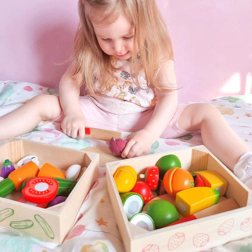 7 1 1 18 Bigjigs Toys Cutting Fruits Crate - Piece Fruit with Velcro Fastenings, Wooden Knife, Chopping Board