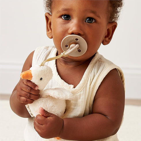 Set 0-6 Itzy Ritzy Pacifier & Lovey - Natural Rubber Paci with Stuffed Animal - Detachable Plush Goose Pacifier Holder