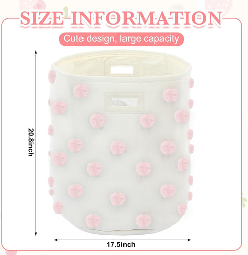 Sunnymove 17.5" 20.8" Pink D x H Pom Pom Basket Bin Large Cotton Canvas Laundry Hamper Baby Girl Laundry Basket