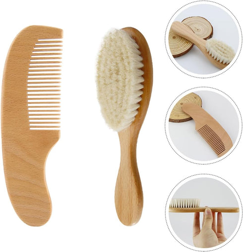 Set 2pcs Set ERINGOGO Bath Comb and Head Massage Brush for Newborns, Natural Wool Bristles with Wooden Handle, Scalp