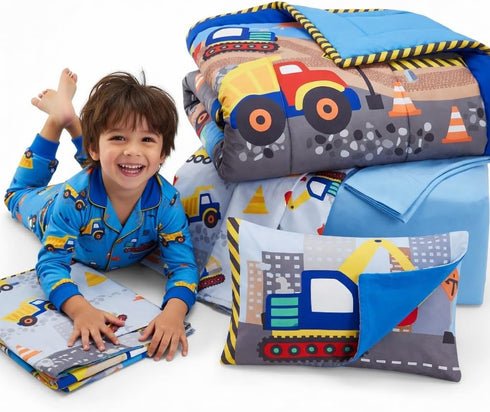 4 Set EVERYDAY KIDS Piece Toddler Bedding - Under Construction - Includes Comforter, Flat Sheet, Fitted Sheet