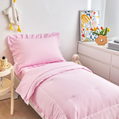 4 Set Set 1 1 +1 +1 Pieces Pink Toddler Bedding with Ruffle Fringe, Solid Color Toddler Bed - Toddler Comforter +
