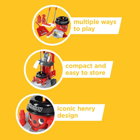 Casdon Henry & Hetty Toys - Deluxe Cleaning Trolley Playset with Working Hand Vacuum for Kids Aged 3+