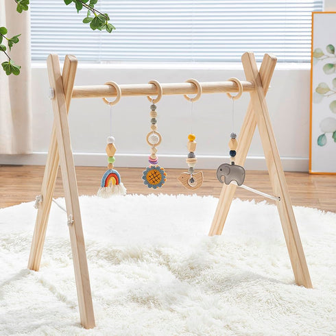 ToyKing 4 Wooden Baby Play Gym with Hanging Bar, Gym Toys and Natural Pine Wood, Perfect for Infant Development