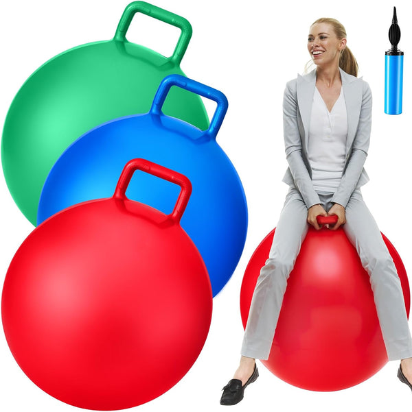 Lewtemi 3 Pcs 31 Inch Bouncing Balls with Handle - Outdoor Hopper Balls, Exercise Balls & Air Pump (Red, Blue, Green)