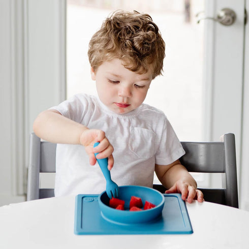 ezpz Mini Utensils - 12 Months+ (Fork & Spoon in Blue) - 100% BPA Free Toddler Utensils