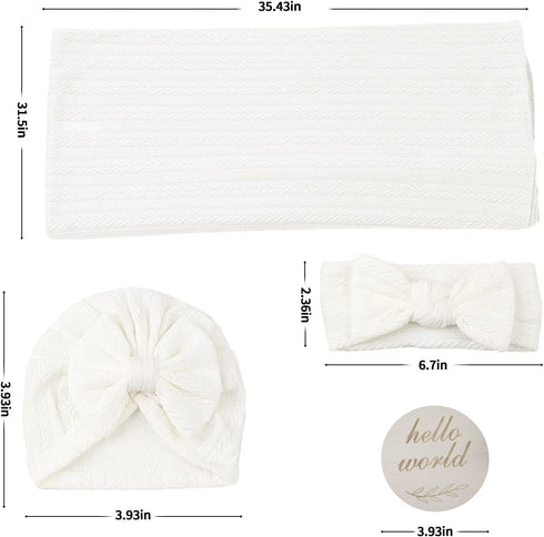 Muslin Blanket - Baby Swaddle Set with Newborn Essentials, Soft Stretchy Blankets for Girls and Boys (White)