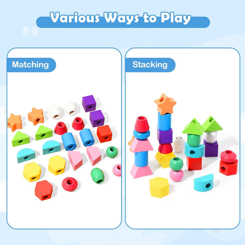 Montessori Bead Sequencing Set for Kids, Wooden Lacing Beads Toys for Toddlers, Educational Gifts for 2-5 Years Old