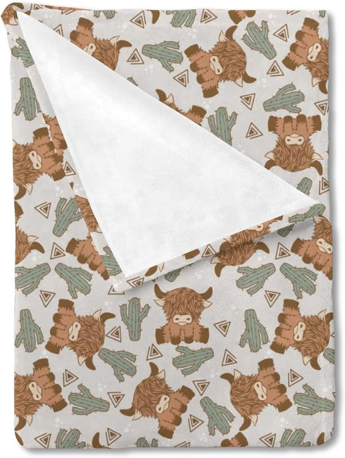 Highland Cow Boho Cactus Baby Blanket, Boys Cow Lover Gift, Western Cowboy Desert Plant Flannel Fleece Nursery Bed