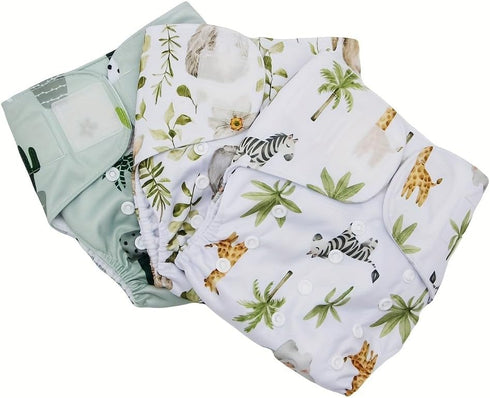 3 3 pcs Hook and Loop Fasteners Design Baby Reusable Cloth Diapers with Microfier Inserts (Animals Prints)
