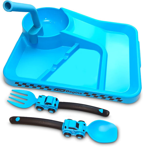 Toddler Plates, Eating Utensil Set with Spoon, Fork, and Removable Straw, Construction Theme Toddler Cutlery Set