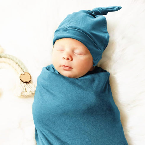 Newborn Swaddle Blanket with Hat Set - Hospital Receiving Blankets for Girls Boys (Teal)
