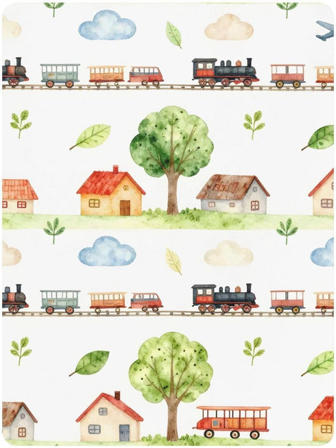 CZXW 52" 28" Watercolor Trains Airplanes Houses Crib Sheets Fitted x Natural Cotton Soft & Breathable for Baby Crib