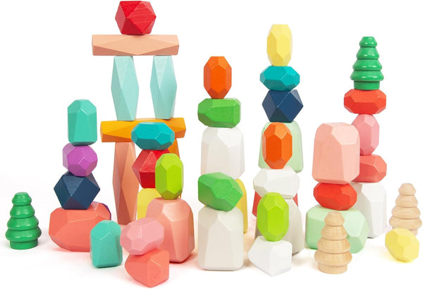48 PCS Wooden Sorting Stacking Rocks Stones - Sensory Toddler Toys Learning Montessori STEM Building Blocks Game for