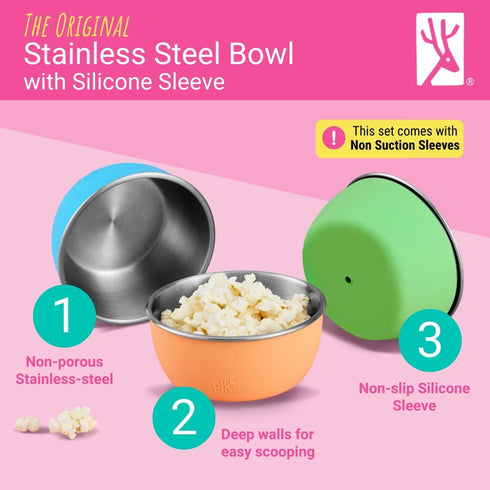 4 Pack Elk and Friends Stainless Steel Bowls + Silicone Sleeve and Storage Lid | Baby, Toddler, Kids | Cereal & Snack