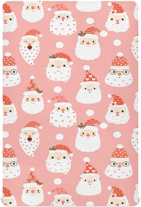 Mazeann Santa Pink Christmas Crib Sheets Soft Breathable Fitted Baby Crib Sheets Mattress