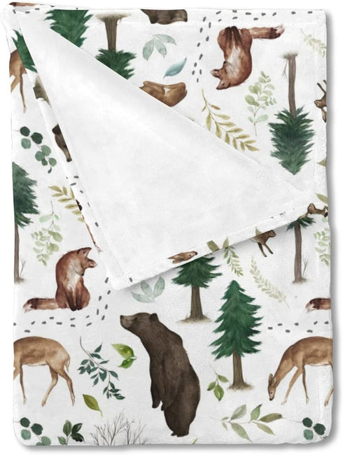 Woodland Forest Animals Baby Blanket Gift for Boys, Pine Tree Bear Fox Deer Leaf Flannel Fleece Nursery Bed Swaddling