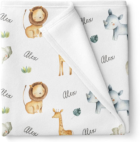 Stork Wares Safari Animals Personalized Unisex Baby Swaddle Blanket White BB348 30*40 inch