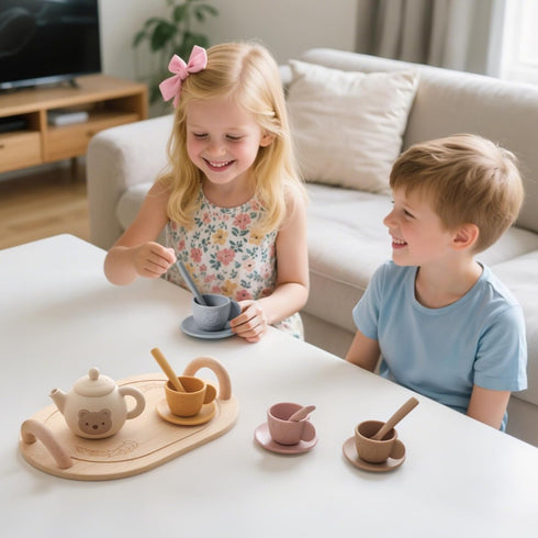 Set 1-3 Set 3 4 5 (15 Tea Party for Little Girls Kids Tea with Silicone Teapot Cups Coasters Carrying Scoop Wooden