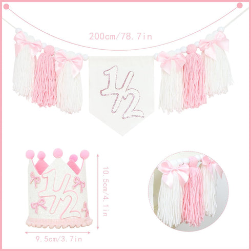 1/2 6 Birthday High Chair Banner, Half-Year Crown Hat, Months Party Decorations, Baby Photo Props with Pink Bow