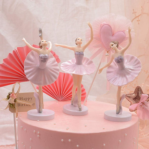 HYSTYLE 3 Pcs Pink Dancing Ballerina Girl Figurine, Miniature Figure Collection Playset Doll Toy for Cake Decoration