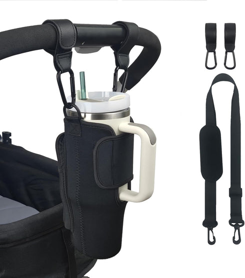 Stroller Cup Holder Compatible with Stanley, Adjustable Strap and Pouch, Accessories for 30/40oz Stanley Cup