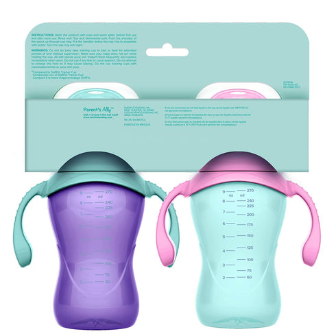 6+ 9oz, 2 Pack Evenflo Balance+ Trainer Cups for Babies Months, Purple and Mint, Ergonomic Design with Handles