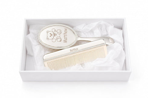 Set Engraved Silver-Plated Bear Brush & Comb Newborn Grooming Kit, Soft Bristle Hairbrush, Custom Baby Keepsake Gift