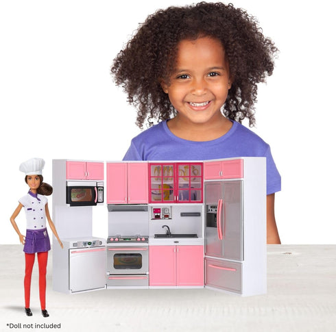 Doll Kitchen Playset for Kids - My Modern Mini Kitchen House Furniture Toy Accessories Set with Realistic Lights &
