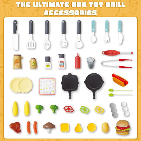 Playset, 3-5, 2-Layer Kids Grill BBQ Toy Grill with Smoke Sound Light and Wheel, Movable Pretend Play Kitchen Toys