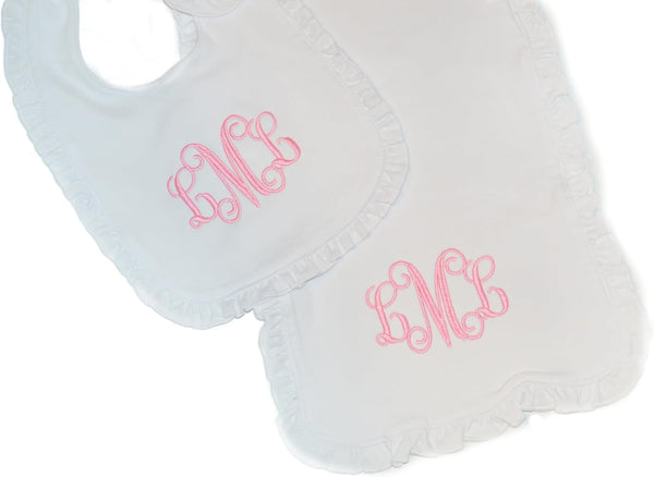 Personalized Baby Girl White Ruffle Bib and Burp Cloth set with Initials