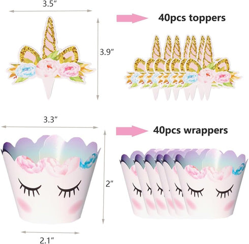 Unicorn Cupcake Toppers and Wrappers - 40 Reversible Rainbow Liners with Cute Decorations for Birthday Party
