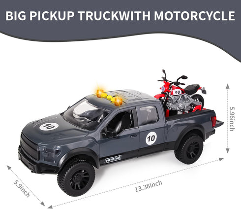 3+ Pickup Truck Toy with Motorcycle, Featuring Lights and Sound Effects,Toy Car with Opening Doors, Toy Cars Gifts