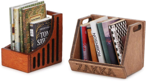 Set 5 Dollhouse Miniature Desktop Bookshelf with Books Wooden Bookcase Furniture Miniature Desktop Organiser Mini House