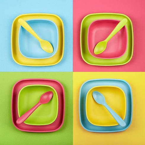 Bamboo Kids Plates, 4 Pack Set, Stackable Bamboo Dinnerware for Kids, Dishwasher Safe