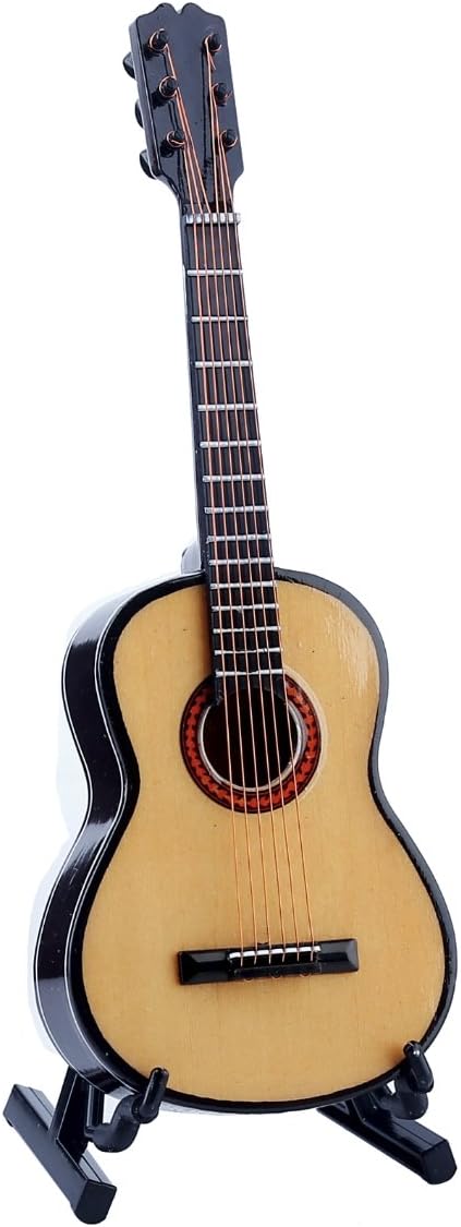 Dselvgvu Wooden Miniature Guitar with Stand and Case, Mini Musical Instrument Dollhouse Model (6.51"x2.28"x0.89")