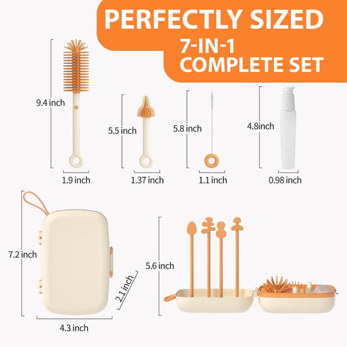 Travel Bottle Cleaner Kit, 7 in 1 Baby Travel Essential Silicone Brush Set, Nipple, Drying Rack, Straw, Organizer Case
