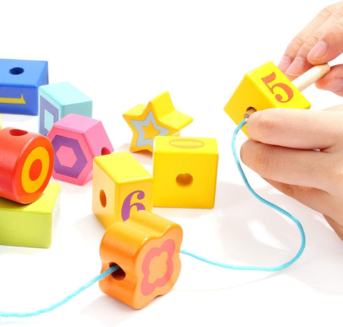 TOP BRIGHT Wooden Lacing Beads for Toddlers, Kids Fine Motor Skills Montessori Toys for 2 Year Old Birthday Gifts