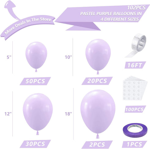 102PCS 18In 12In 10In 5In NISOCY Pastel Purple Balloons Arch Garland Kit, Light Purple Lilac Lavender Balloons
