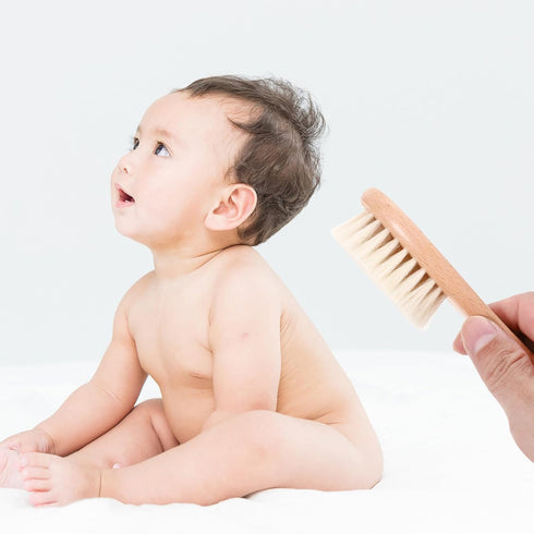 SOPOTUTU 4pcs Set Beech Wooden Comb and Woolen Brush Grooming Kit for Newborns, Gentle Scalp Care with Soft Bristles