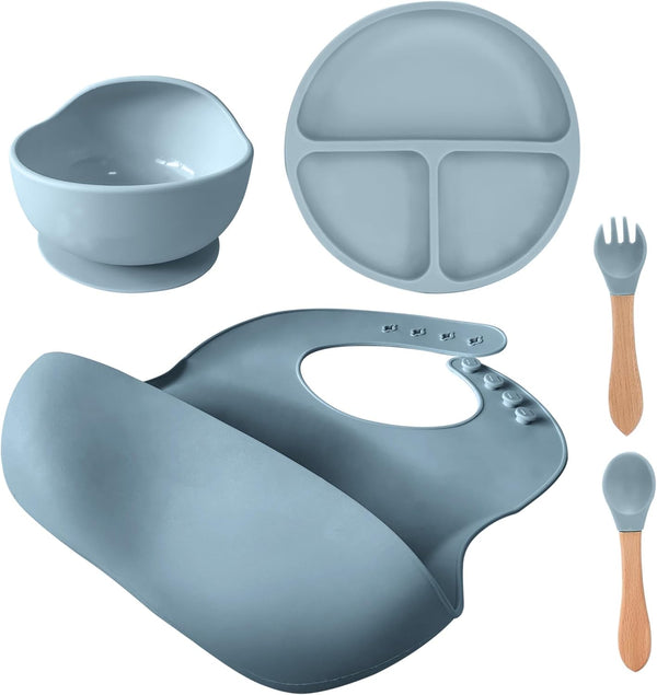 Generic 5-Piece Silicone Baby Feeding Set Suction Bowl, Divided Plate, Adjustable Bib, Spoon