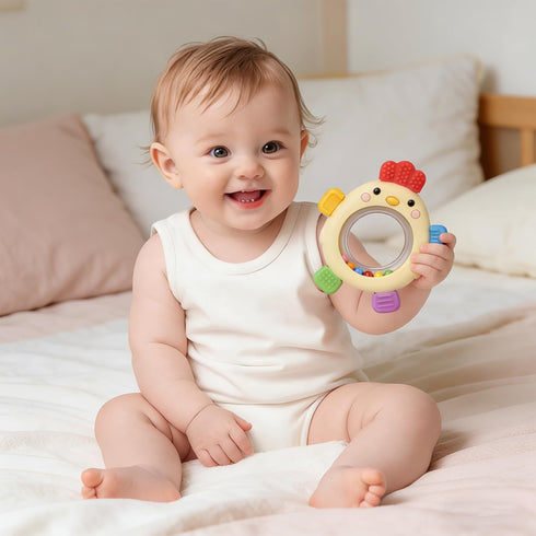 2 Pack 0-3 3 6-12 Sensory Toys for Babies, Baby Teething Rings Toys for Months Baby Rattle Teether Silicone Teether