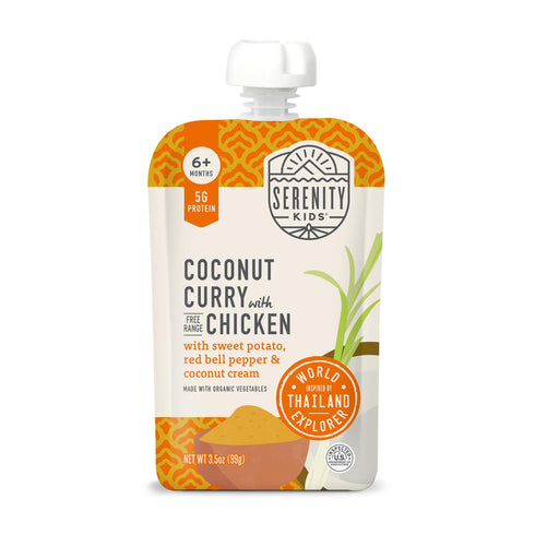 Serenity Kids 6+ Months World Explorers Baby Food Pouches, Chicken Coconut Curry, 3.5 Ounce BPA-Free Pouch