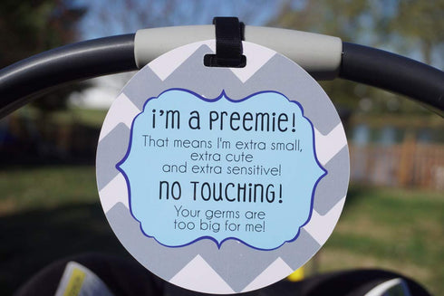THREE LITTLE TOTS Blue Boy Preemie No Touching Baby Car Seat Sign, Stroller Tag, CPSIA Safety Tested Gift