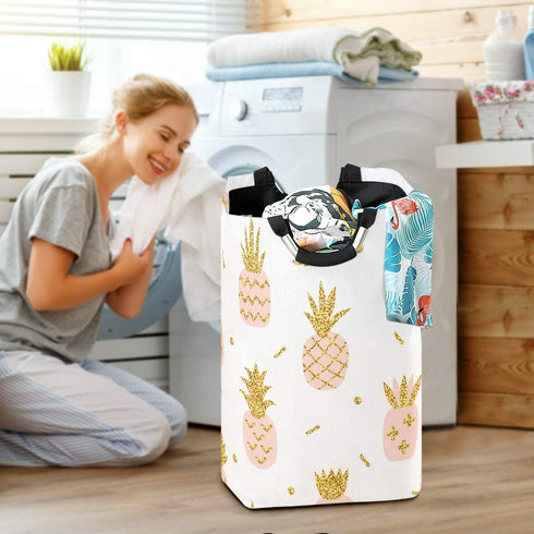 senya Pink Pineapple with Gold Glitter Large Storage Basket, Collapsible Organizer Bin with Handles