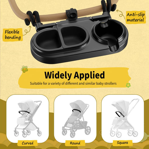 Rivonthex Universal Stroller Snack Tray, Stroller Tray Attachment with Flexible Silicone Arm Gripper & Deep Cup Holder