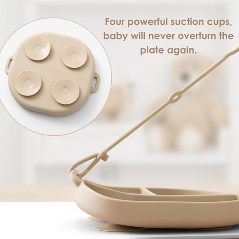 Silicone Plates for Babies with Suction, Divided Baby Spoons, Toy Straps, Placemat, Tethers & Built-in Suction Cups -