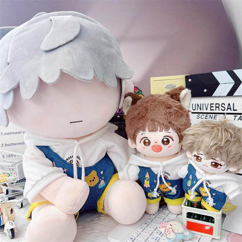 niannyyhouse White Hoodie & One Shoulder Denim Strap Pants for 10cm~15cm Plush Doll Outfit